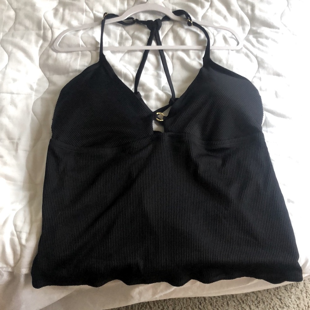 Time & Tru Brand Black Swim Top with round gold design piece in middle